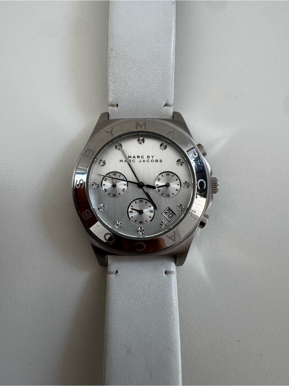 Marc By Marc Jacobs Silver and White Leather Chronograph Watch